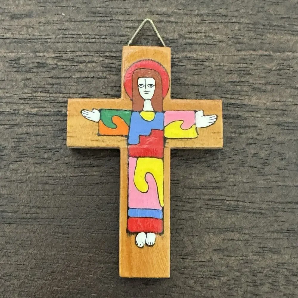 Cross with Christ El Salvador Vtg Crucifix Handmade Colorful Jesus Religious